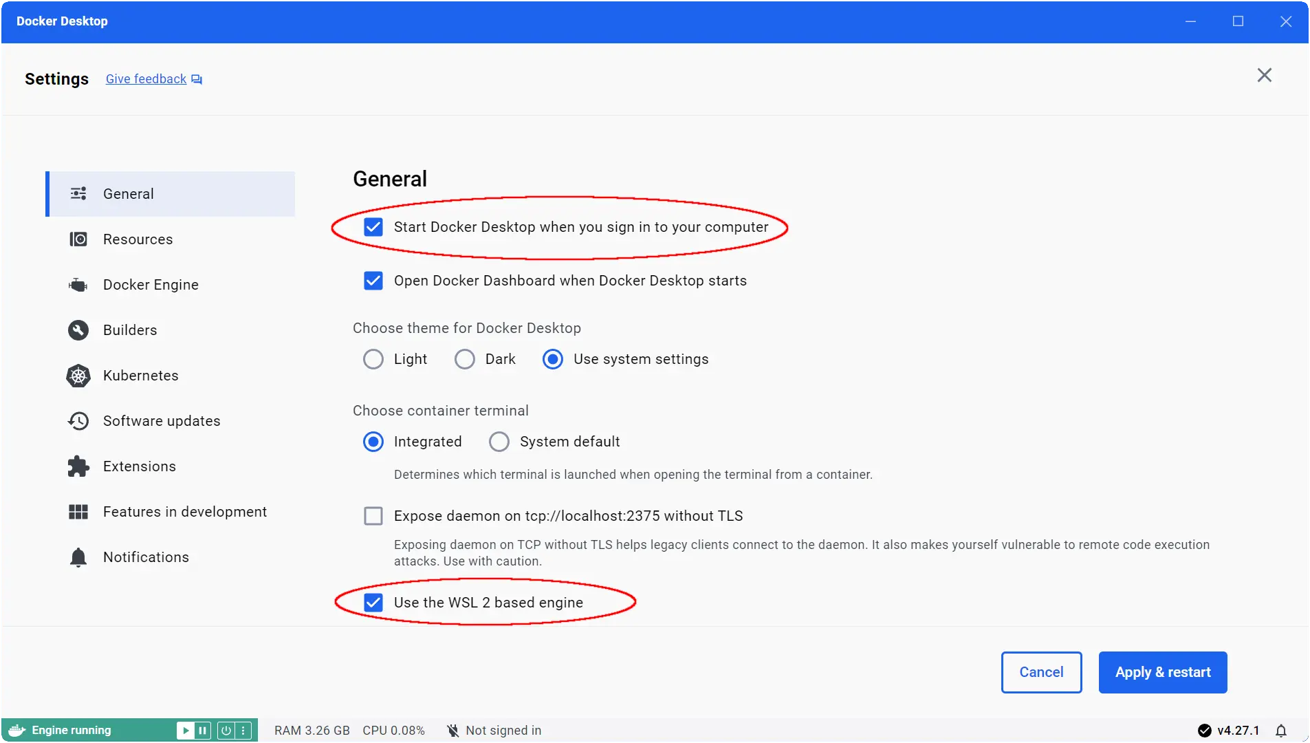 A Screenshot of the Docker Settings. Two options, "Start Docker Desktop when you log in" and "Use the WSL 2 based engine" are both circled.