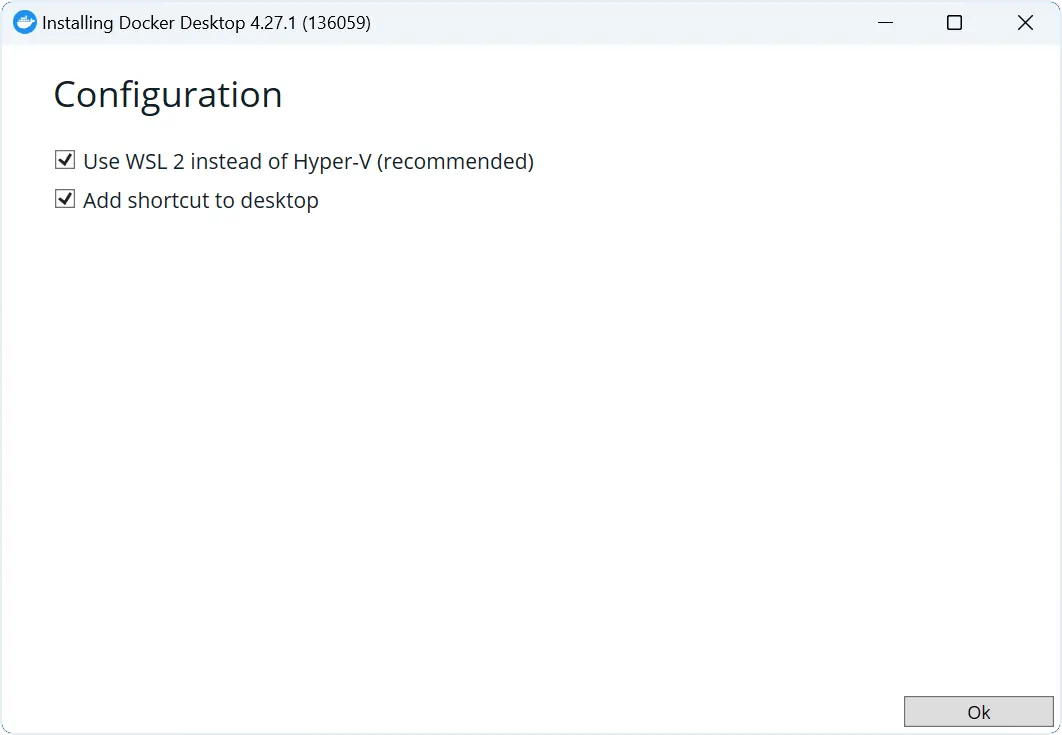 A screenshot of the Docker Desktop installer. A checkbox labelled "Use WSL 2 instead of Hyper-V (recommended)" is ticked.