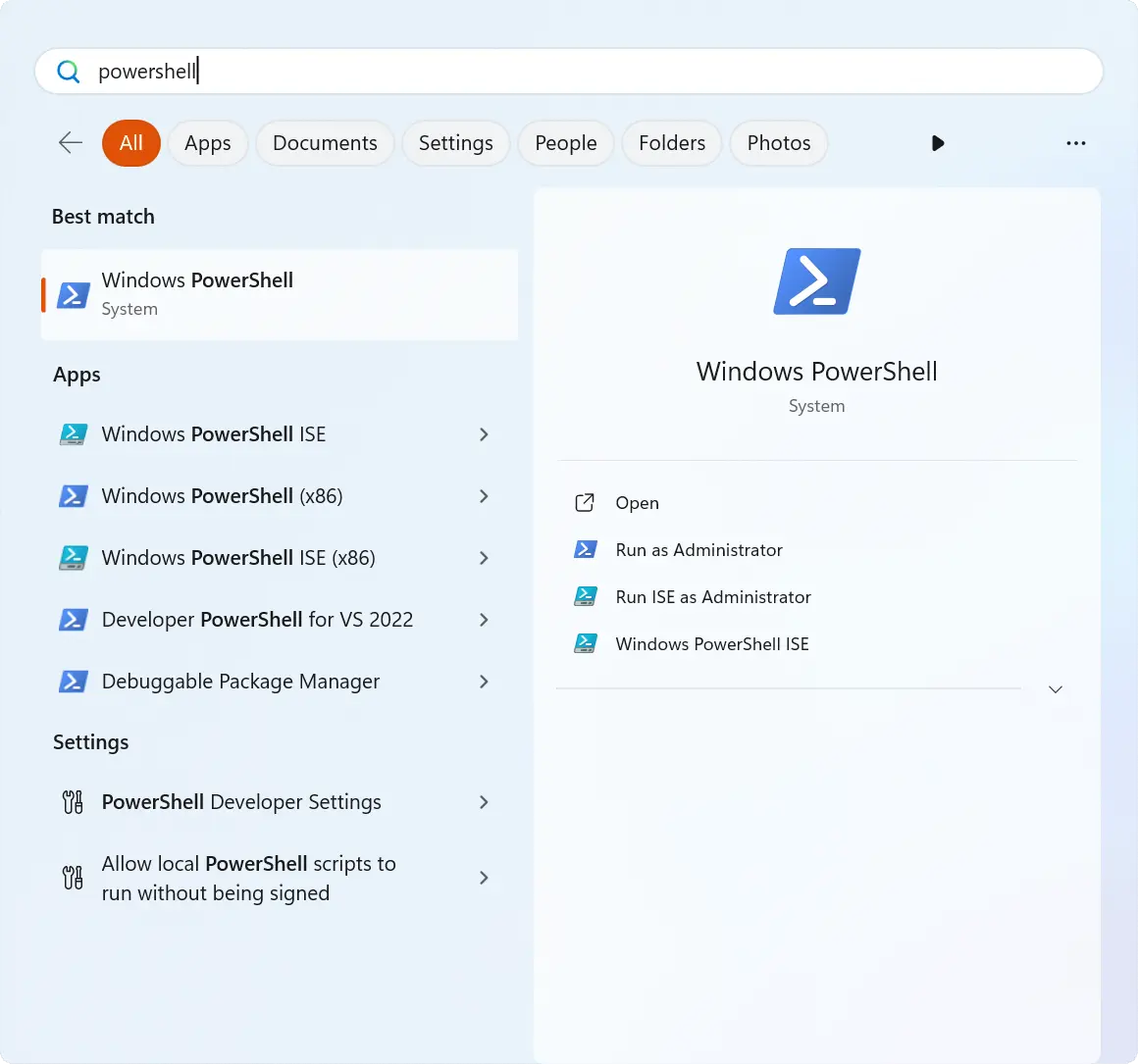 The Windows 11 Start Menu with "powershell" typed into the search box, showing "Windows PowerShell" as the first match