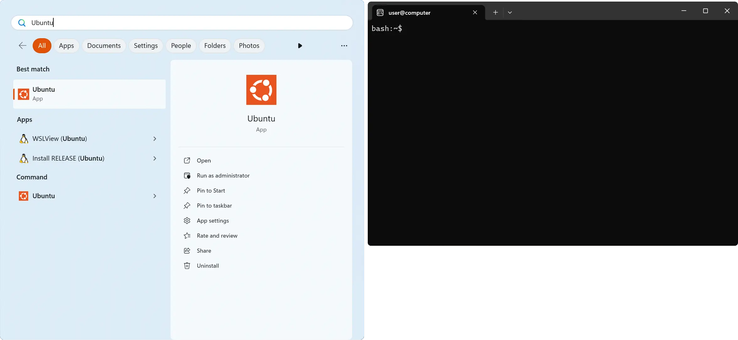 The Windows 11 Start Menu showing a search for the "Ubuntu" app, next to which is a window of the Windows Terminal which opens after clicking it